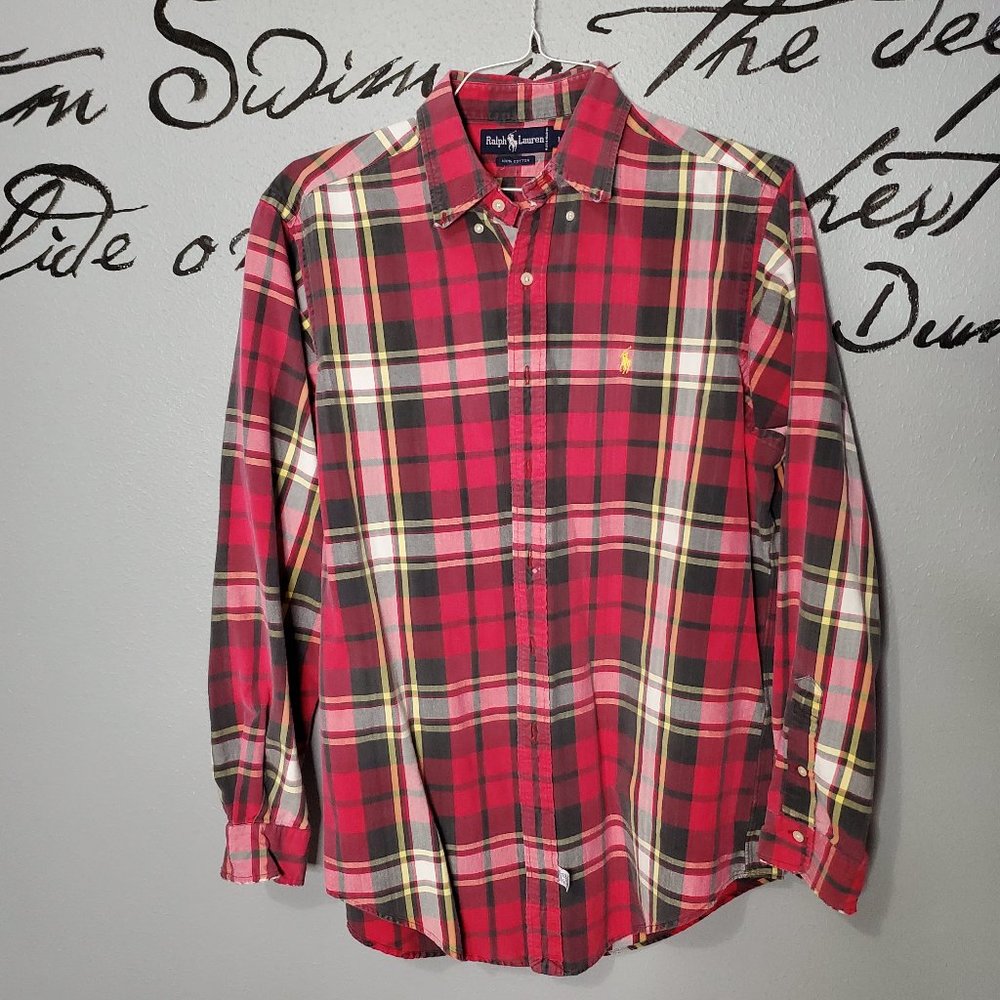Vintage 90s Ralph Lauren Red Plaid Long Sleeve Button Down Shirt Gold Pony
